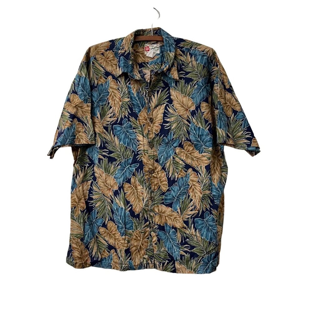 Hilo Hattie Mens Blue Brown Botanical Hawaiian Short Sleeve Button Shirt Size XL
